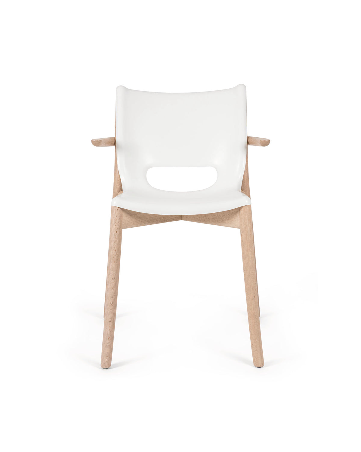 White and light wood chair by Alessi, with an oval cut-out in the backrest and wooden armrests.