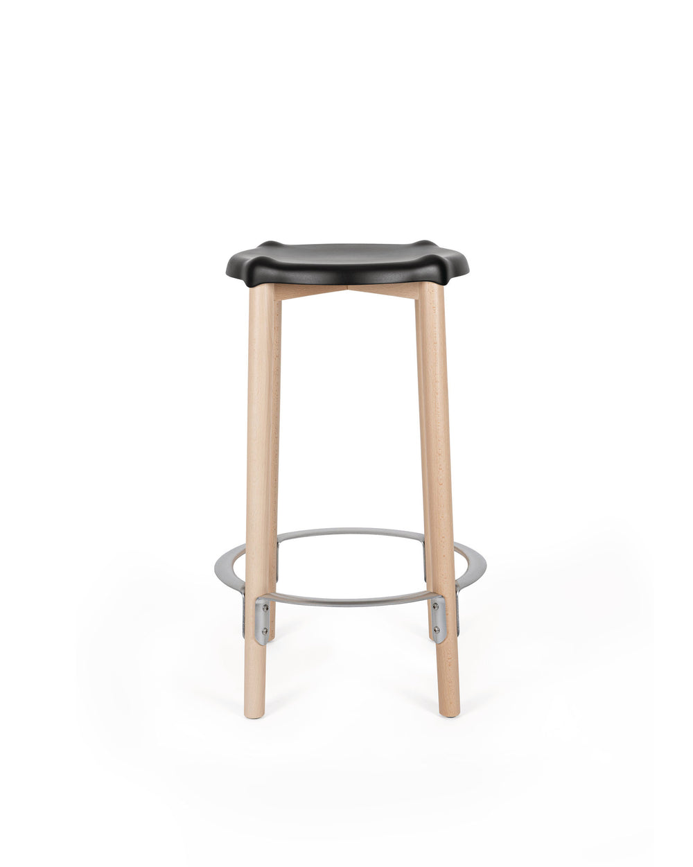 Black contoured bar stool by Alessi with light wood legs and a circular metal footrest.