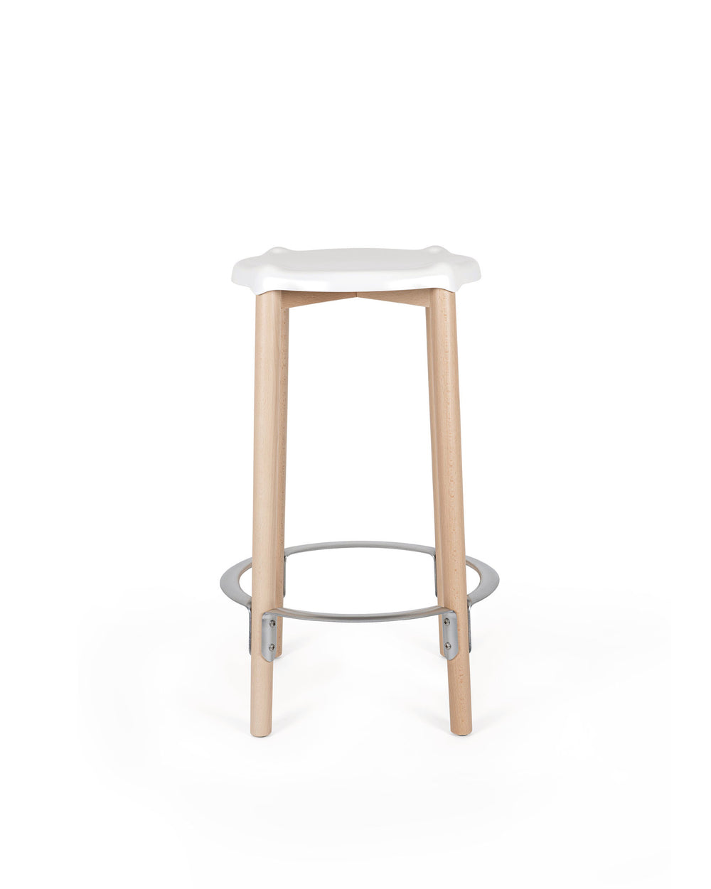 A white-seated bar stool with light wood legs by Alessi, featuring a curved silver-toned footrest.