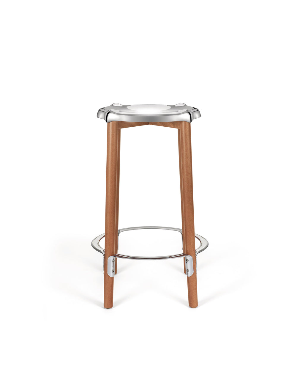 A modern bar stool by Alessi with a polished silver seat and light wood legs, featuring a metal footrest.