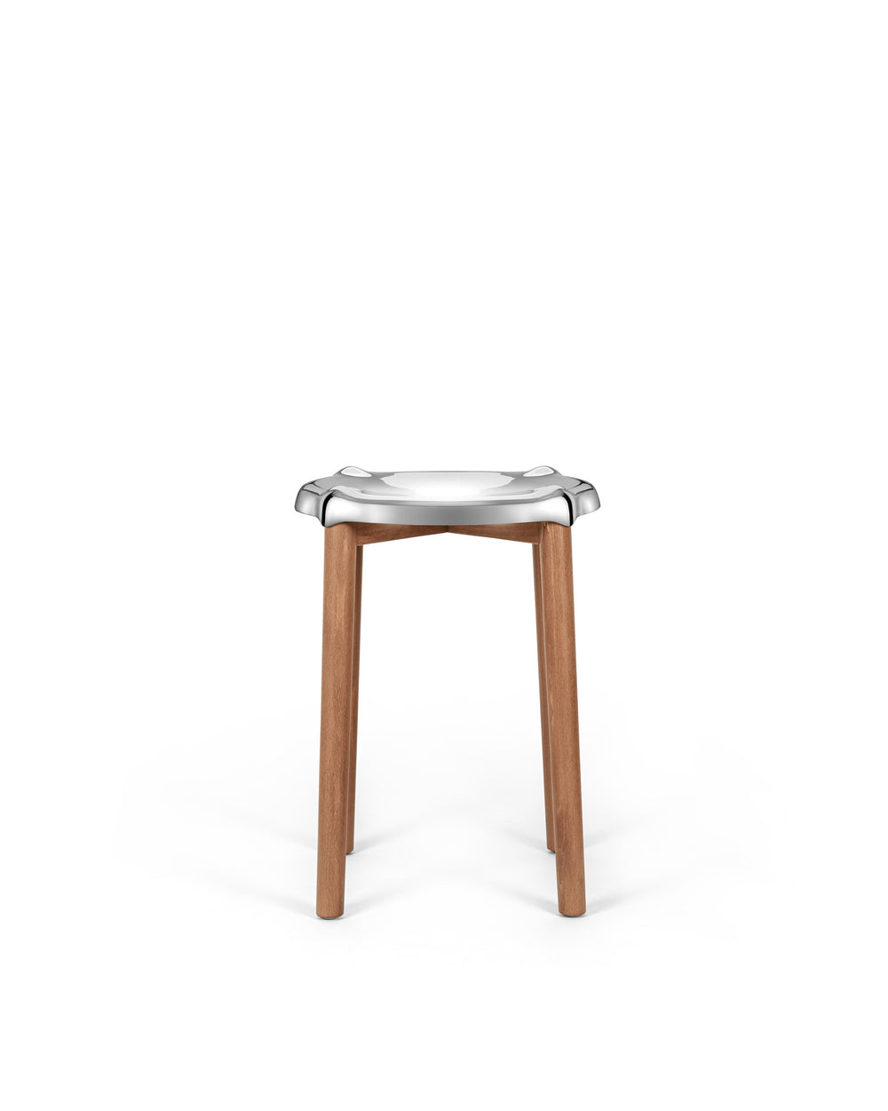Modern stool with silver metal seat and wooden legs by Alessi, featuring a distinctive organic shape.