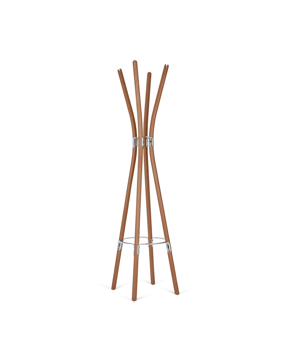 A brown wooden coat stand from the Poêle Collection by Alessi, with five curved legs and chrome rings.