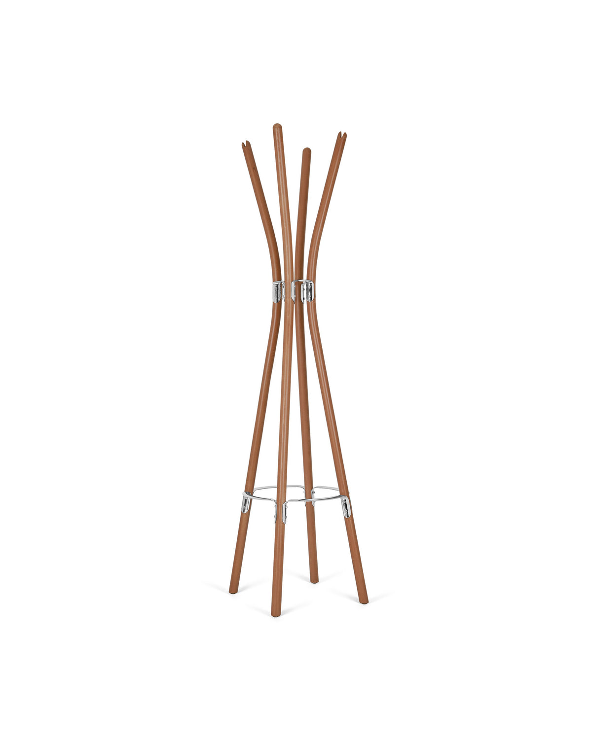 A brown wooden coat stand from the Poêle Collection by Alessi, with five curved legs and chrome rings.