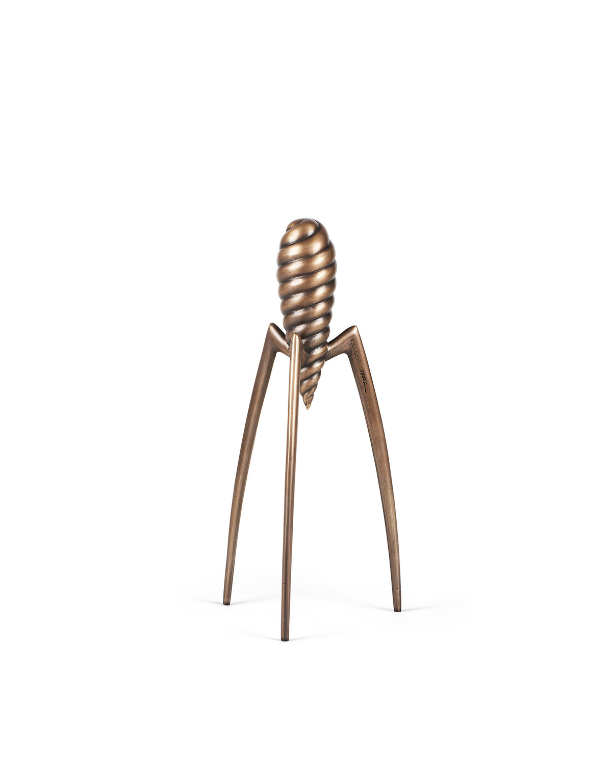 Bronze-toned metal citrus squeezer by Alessi, with a spiral top, three legs, and visible branding on one leg.