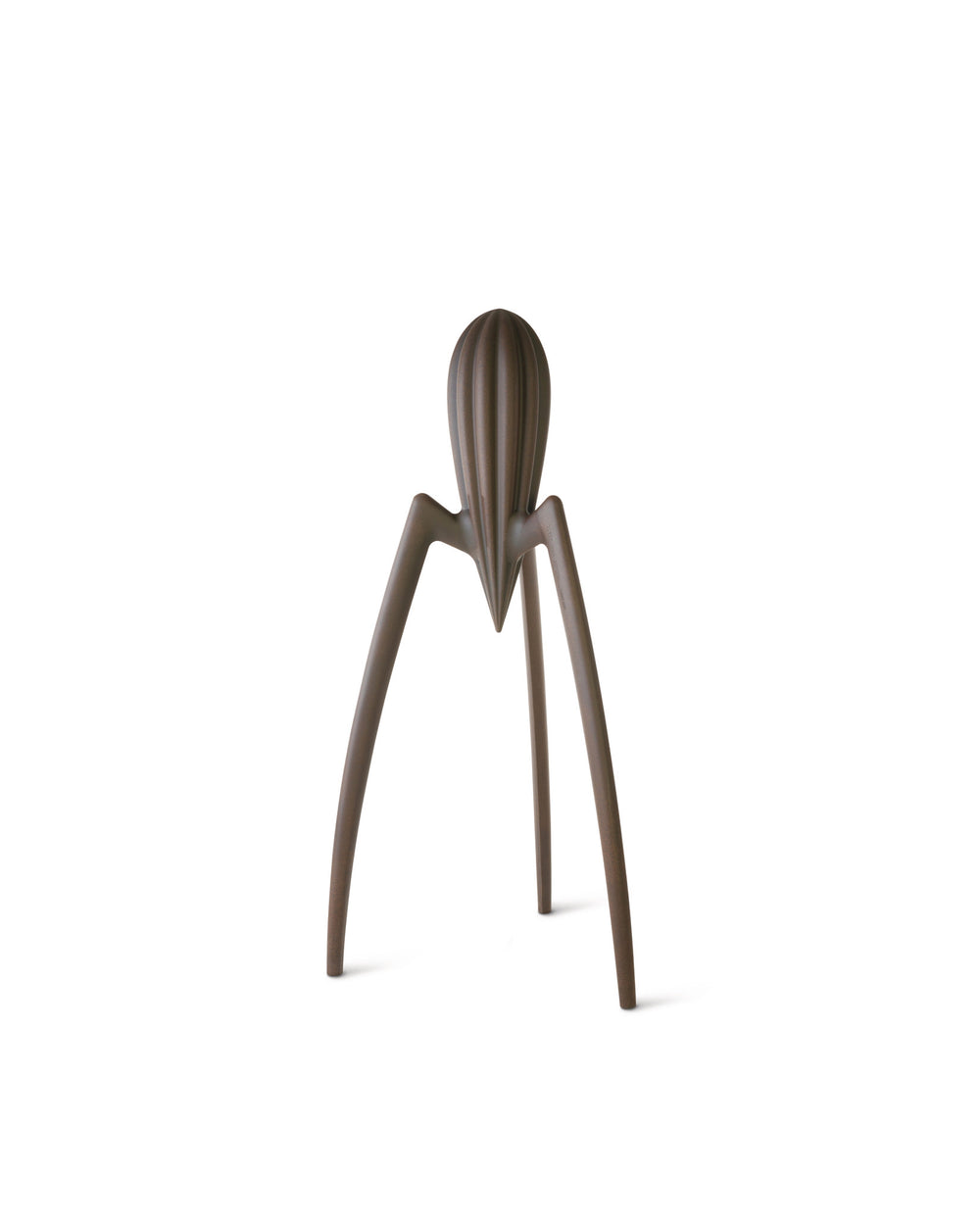 Dark brown metallic citrus juicer by Alessi with a ribbed cone top and three sculptural legs.