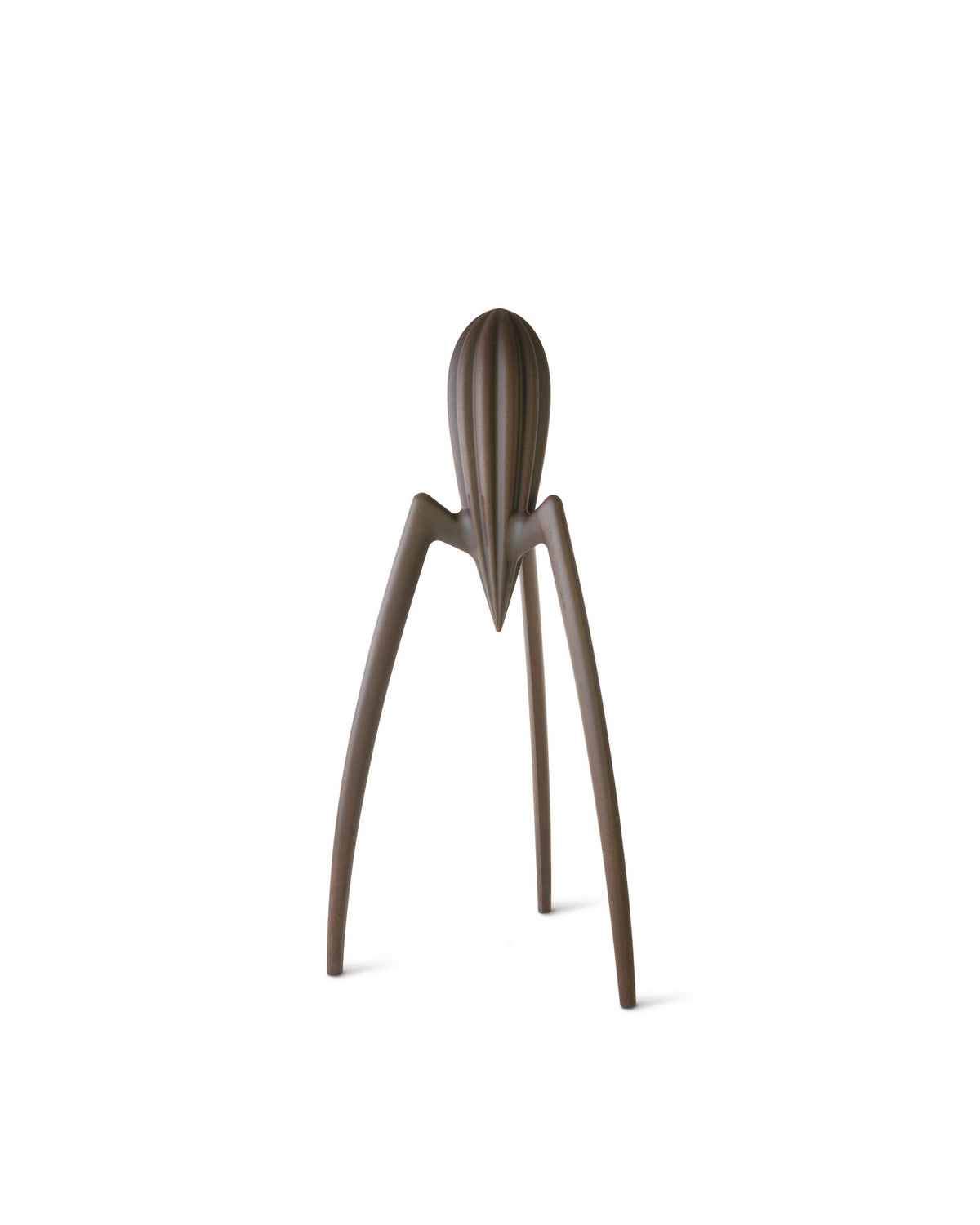 Dark brown metallic citrus juicer by Alessi with a ribbed cone top and three sculptural legs.