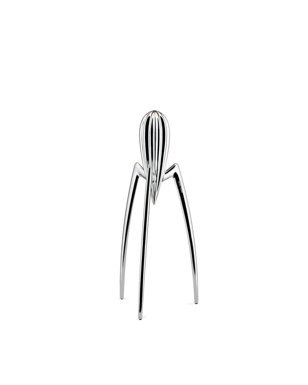 Silver metallic citrus squeezer by Alessi with a conical reamer and three spider-like legs.