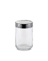Clear glass storage jar by Alessi with a silver lid featuring a swirling wood grain pattern.