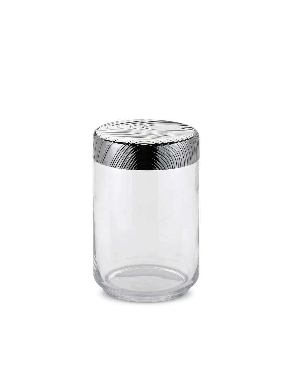 Clear glass storage jar by Alessi with a silver lid featuring a swirling wood grain pattern.