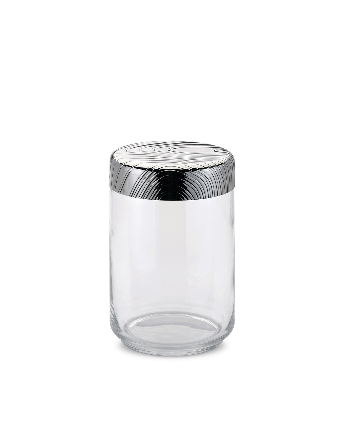 Clear glass storage jar by Alessi with a silver lid featuring a swirling wood grain pattern.
