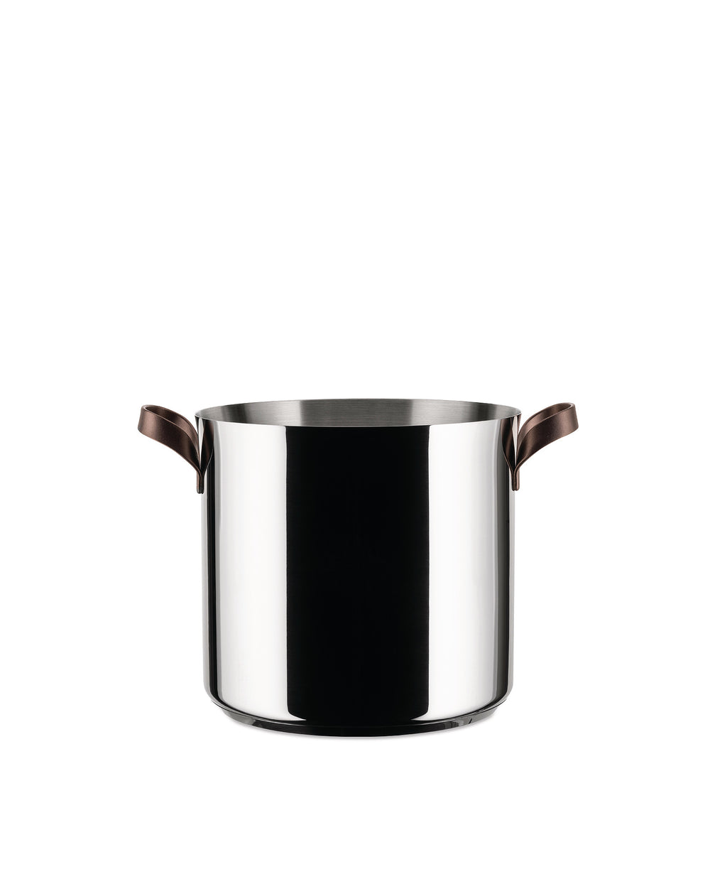 Stainless steel pot by Alessi with dark brown leather handles, isolated on a white background.