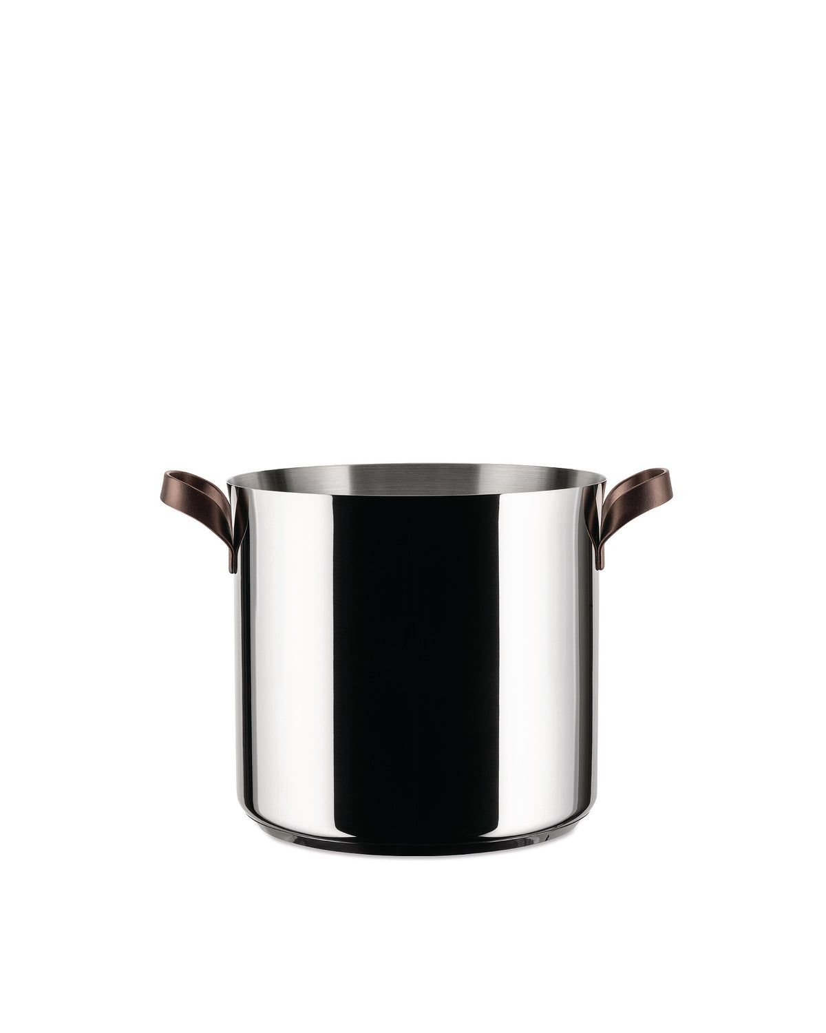 Stainless steel pot by Alessi with dark brown leather handles, isolated on a white background.
