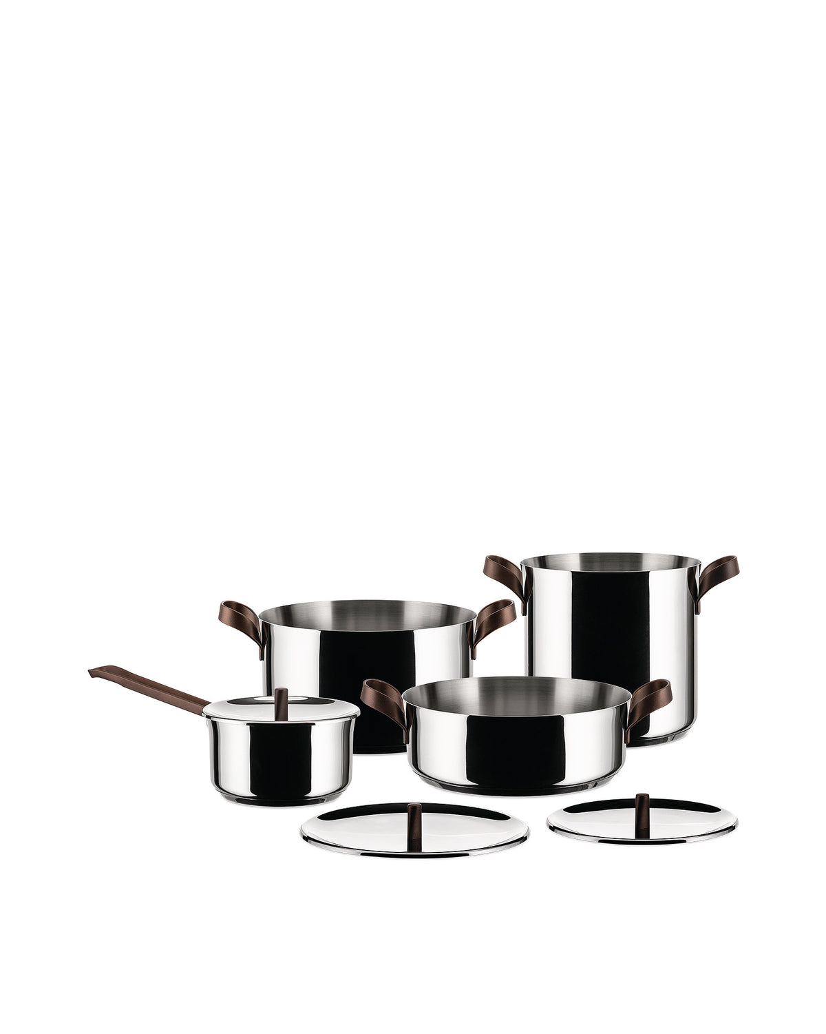 Polished stainless steel Edo pots with brown handles by Alessi, a set of various sizes with lids.
