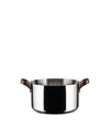 Stainless steel cooking pot with brown handles by Alessi, front view with a polished finish.