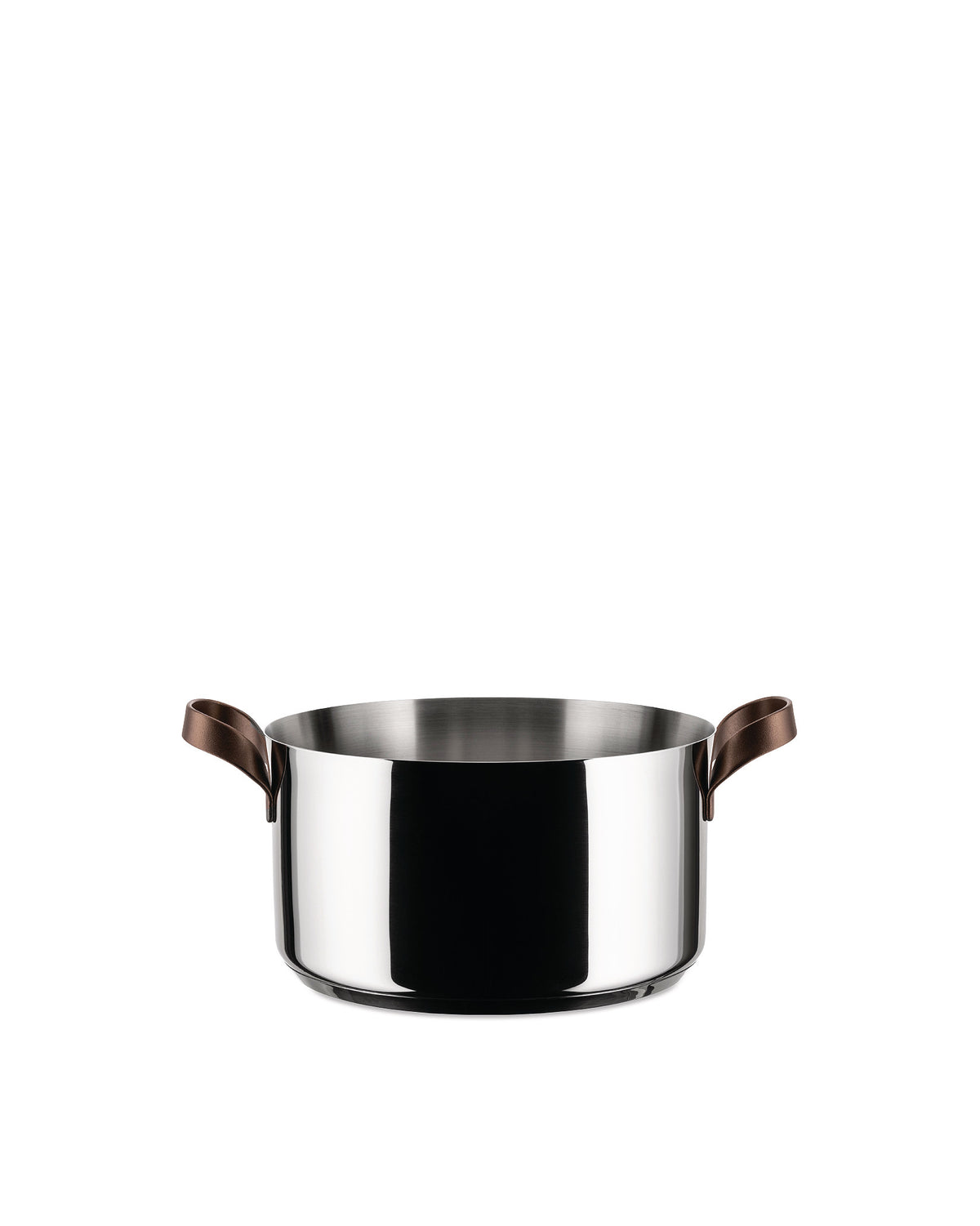 Stainless steel cooking pot with brown handles by Alessi, front view with a polished finish.