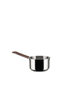 Polished stainless steel saucepan by Alessi, with a long brown handle, on a white background.