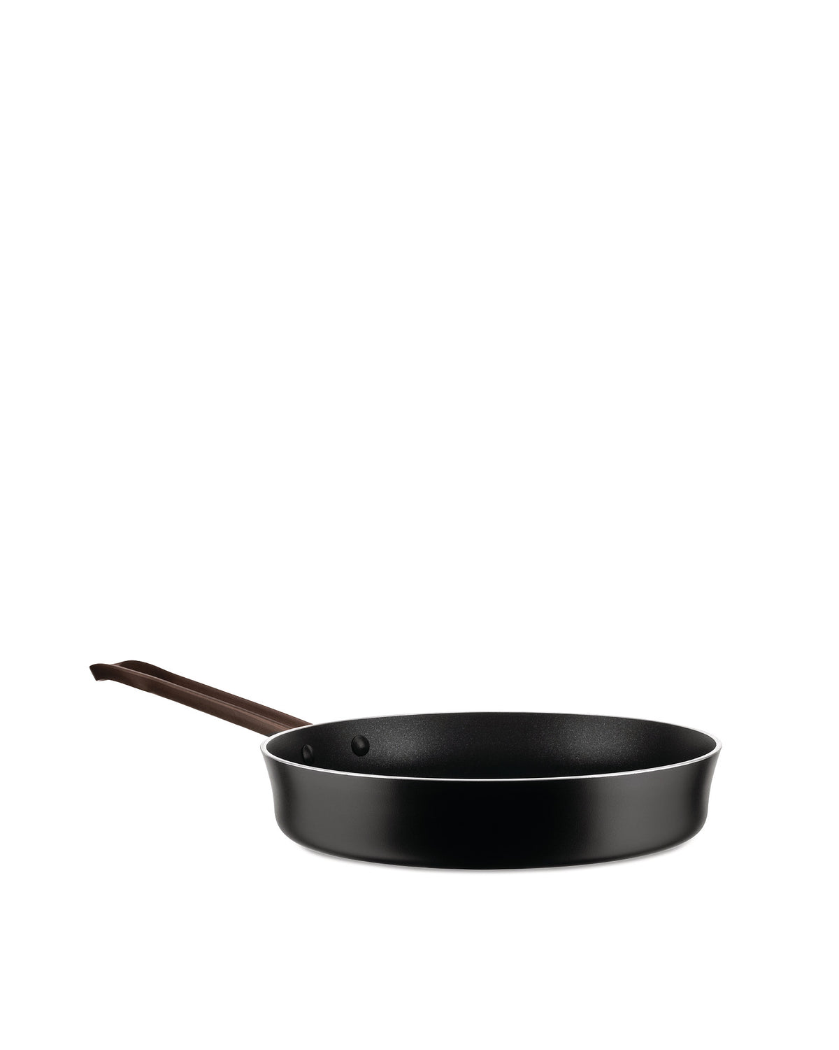 Black frying pan by Alessi with a brown handle, presented in a side view on a white background.