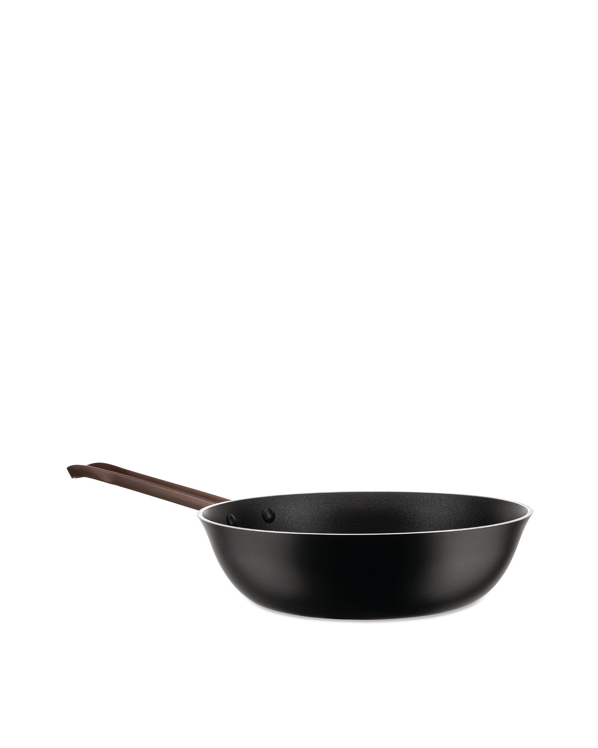 Black Edo pan with a brown handle by Alessi, shown from a side angle, featuring a subtle white rim.
