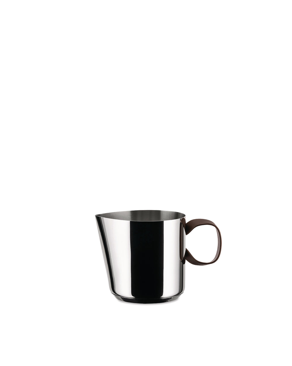 Stainless steel jug by Alessi with a brown handle and pouring spout.