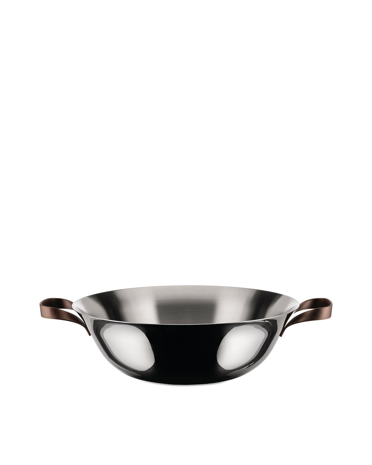 Polished stainless steel sauté pan by Alessi with two brown leather strap handles.