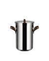 Stainless steel pot by Alessi with brown leaf-shaped handles and a coordinating brown knob, isolated on white.