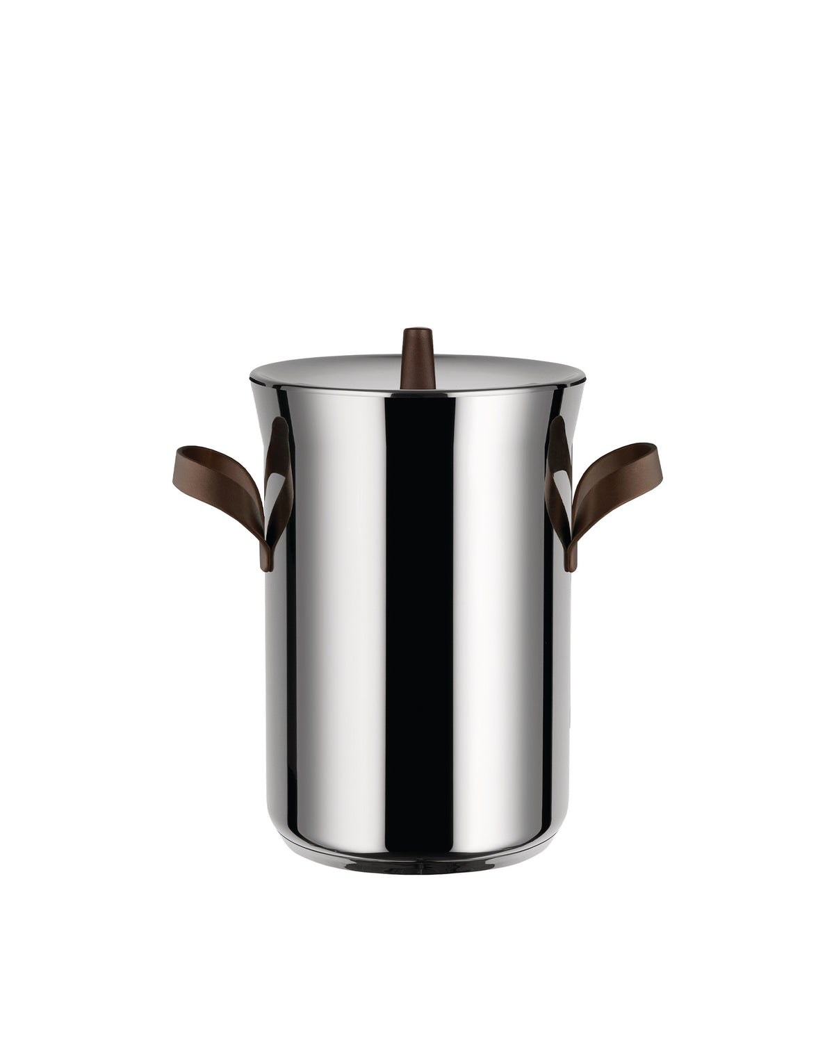 Stainless steel pot by Alessi with brown leaf-shaped handles and a coordinating brown knob, isolated on white.