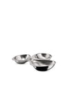 Stainless steel triple serving dish by Alessi, featuring three connected oval bowls with a polished, reflective finish.
