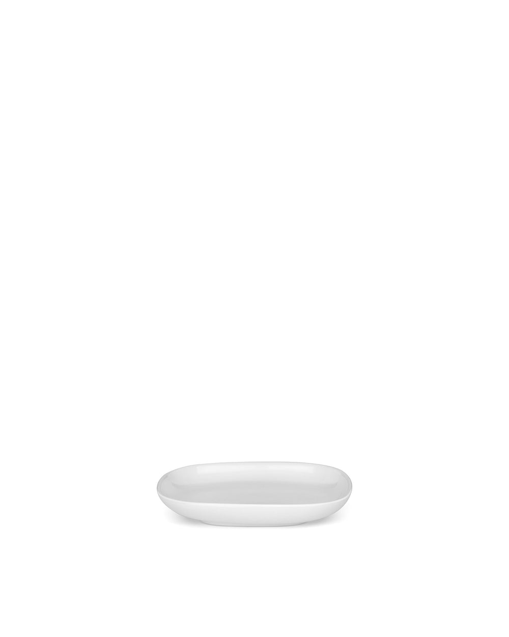 A white oval serving dish by Alessi, viewed from a straight-on angle.