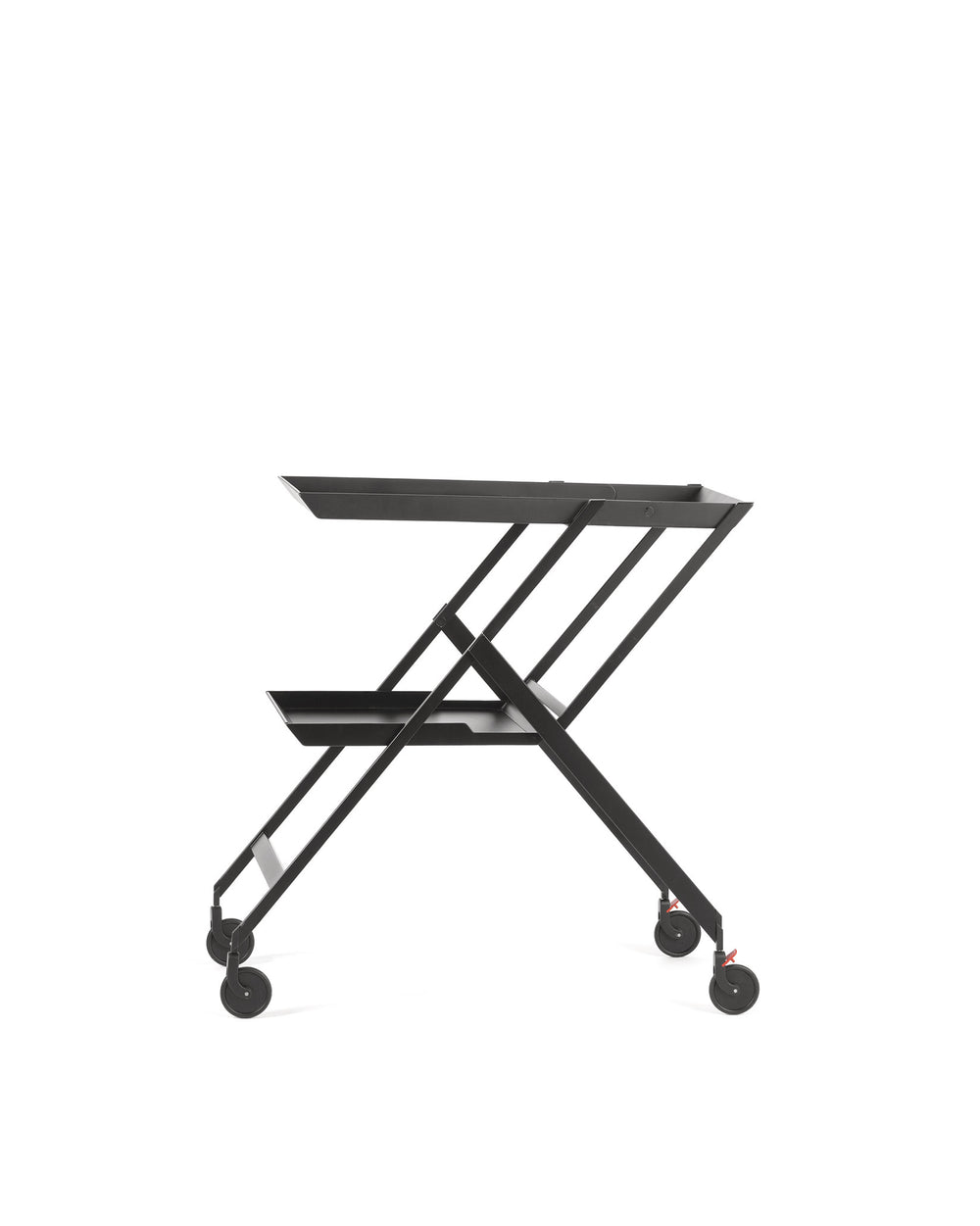 Black Plico two-tiered serving cart by Alessi, with an X-shaped frame and wheels featuring red accents.