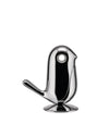 Chrome bird-shaped object by Alessi with a glossy finish and minimalist design, standing on a circular base.
