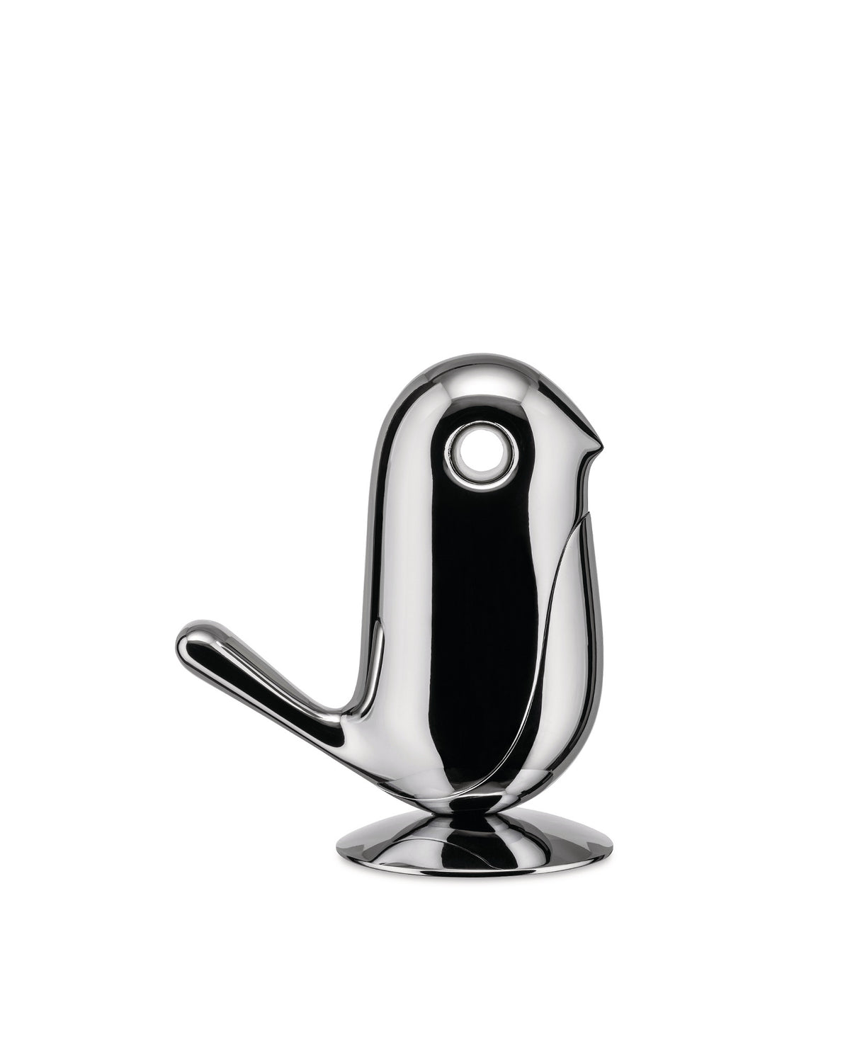 Chrome bird-shaped object by Alessi with a glossy finish and minimalist design, standing on a circular base.