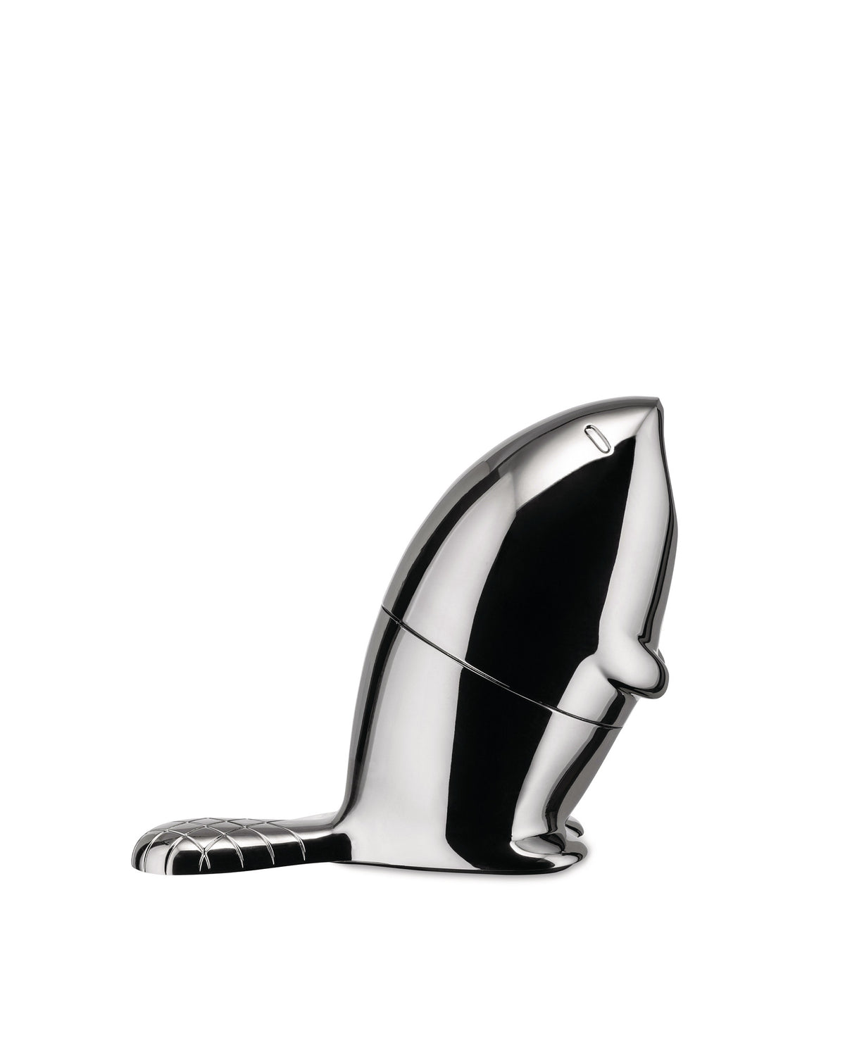A polished silver beaver-shaped Kastor object by Alessi with a detailed cross-hatched tail, side view.