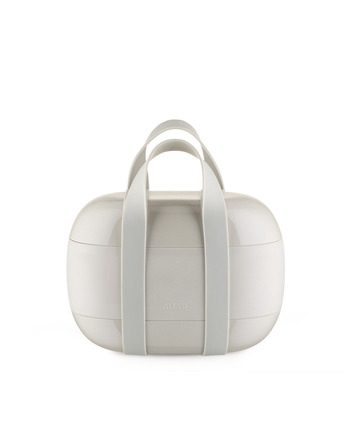 Multi-tiered light beige plastic lunchbox by Alessi, with an oval shape, two integrated handles, glossy top, and matte middle band with an embossed logo.