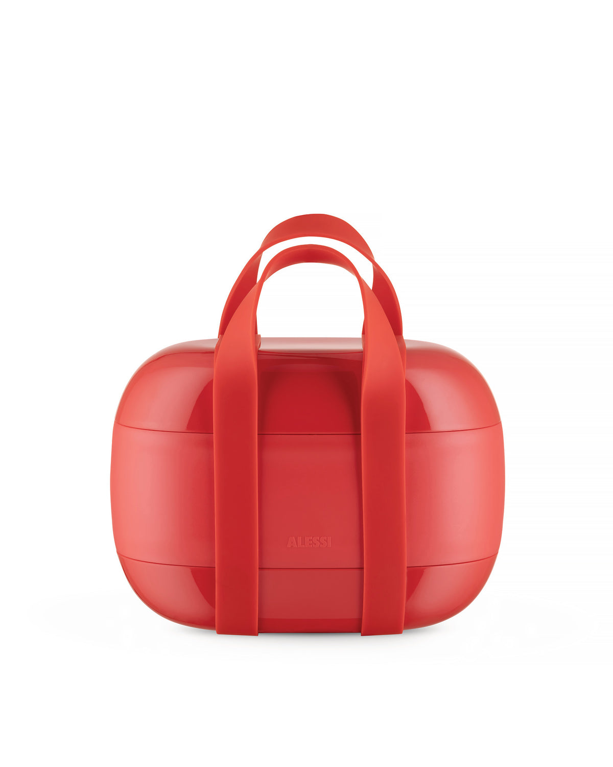 Red portable food container by Alessi with multiple tiers and integrated red carrying handles on a white background.
