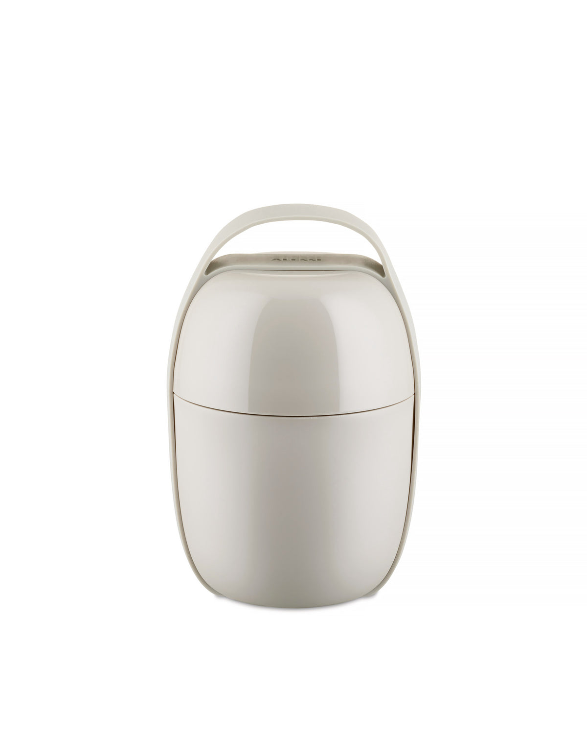 A sleek light gray food container by Alessi, featuring a stacked design, top handle, and subtle brand logo.