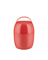 Red food container by Alessi with a handle and a glossy, oval shape, front view.