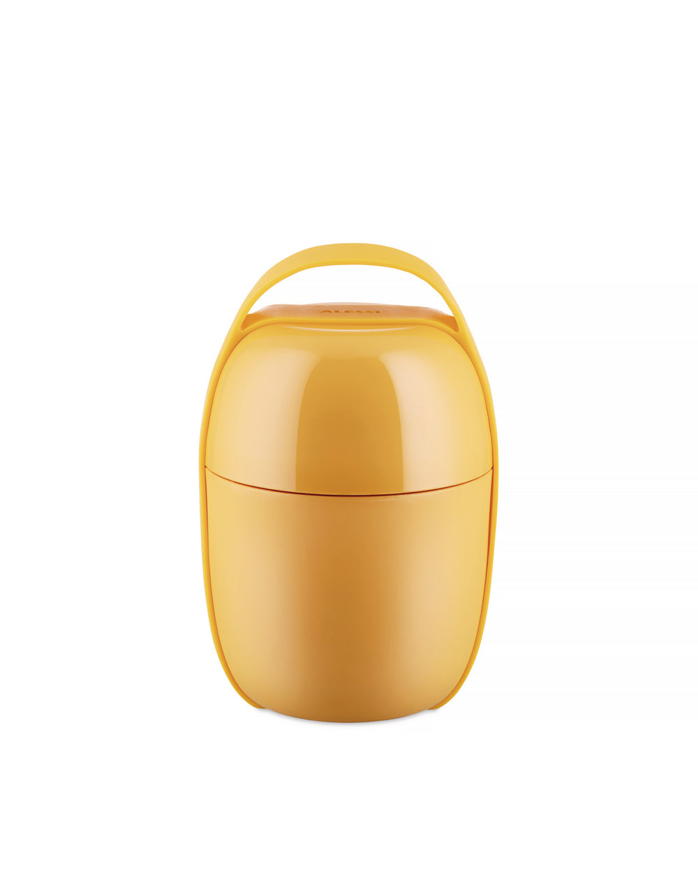 Yellow portable food container with handle by Alessi, featuring a smooth, glossy finish and subtle brand embossing.