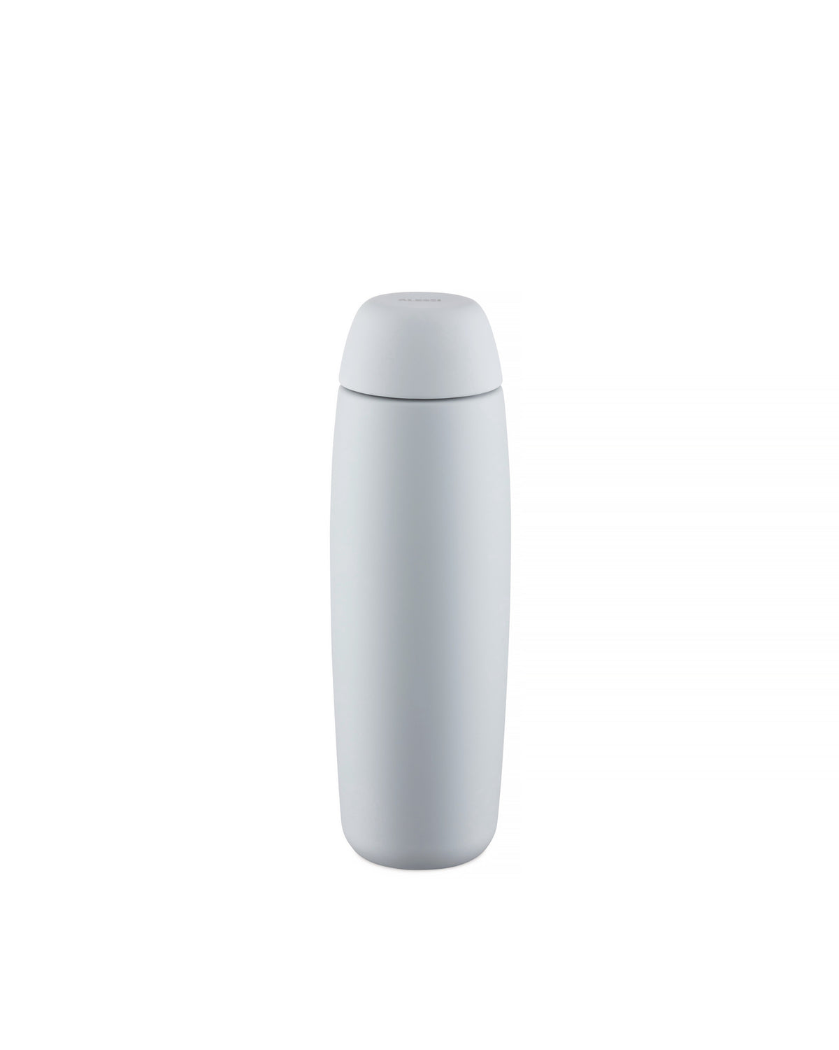 Light grey food container by Alessi, with a matte finish and a slightly domed cap.