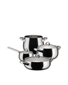 Shiny stainless steel pots by Alessi, a four-piece set with lids and curved handles.