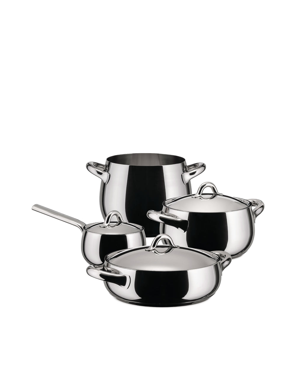 Shiny stainless steel pots by Alessi, a four-piece set with lids and curved handles.
