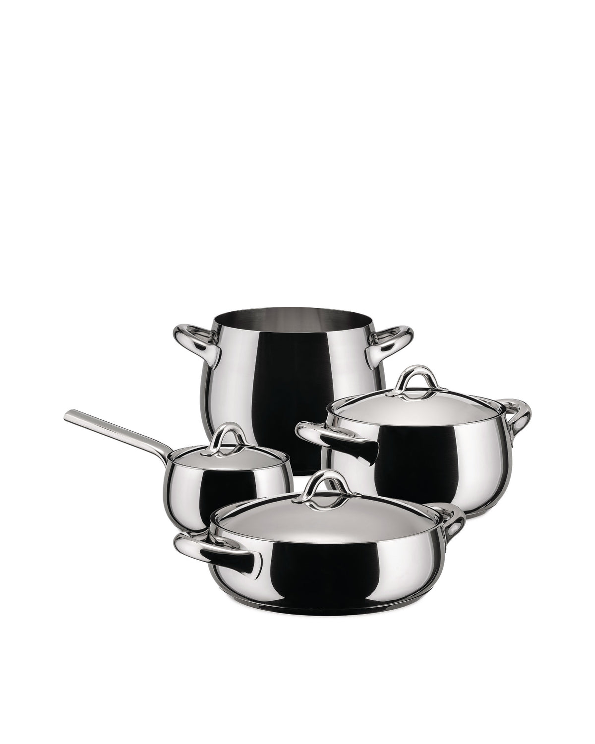 Shiny stainless steel pots by Alessi, a four-piece set with lids and curved handles.