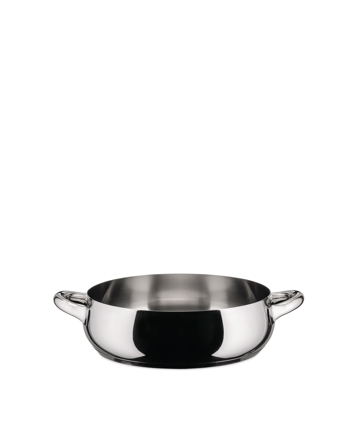 Low, polished stainless steel casserole pot by Alessi with two short handles.