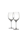 Two clear stemmed wine glasses by Alessi, with a classic design on a white background.