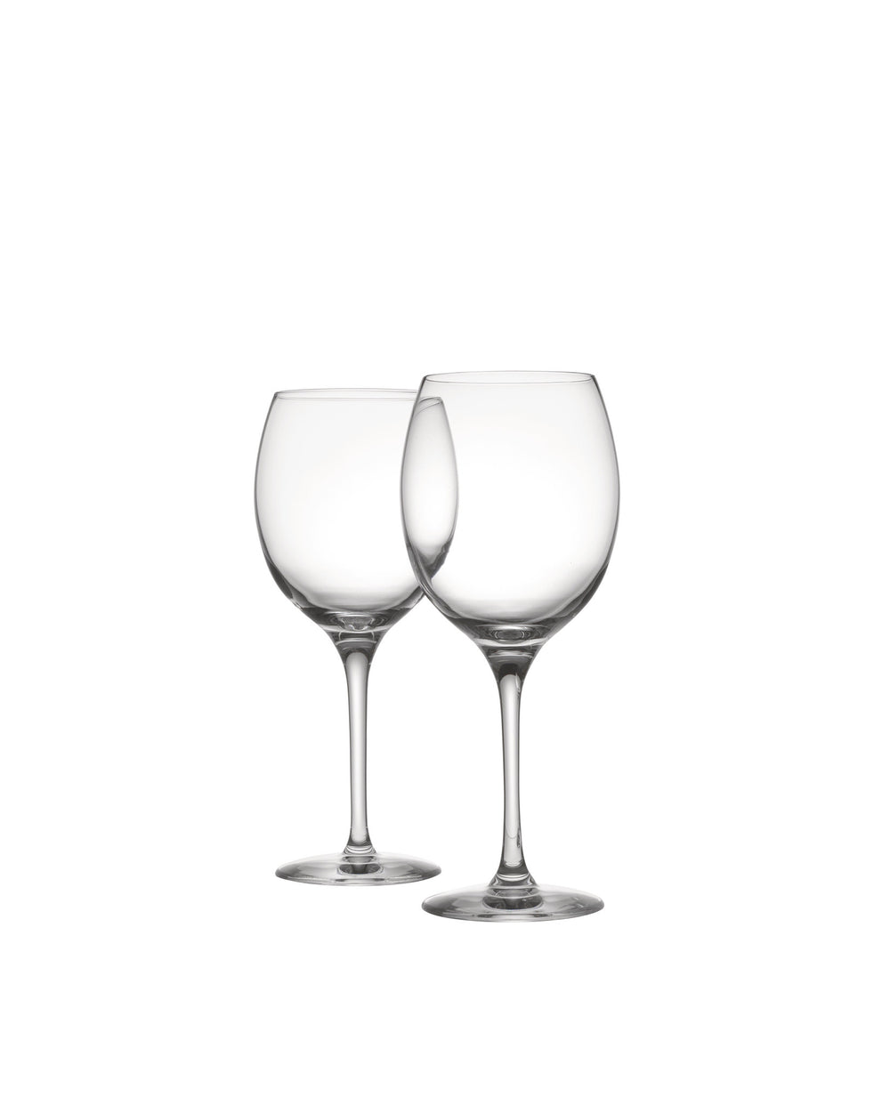 Two clear stemmed wine glasses by Alessi, with a classic design on a white background.