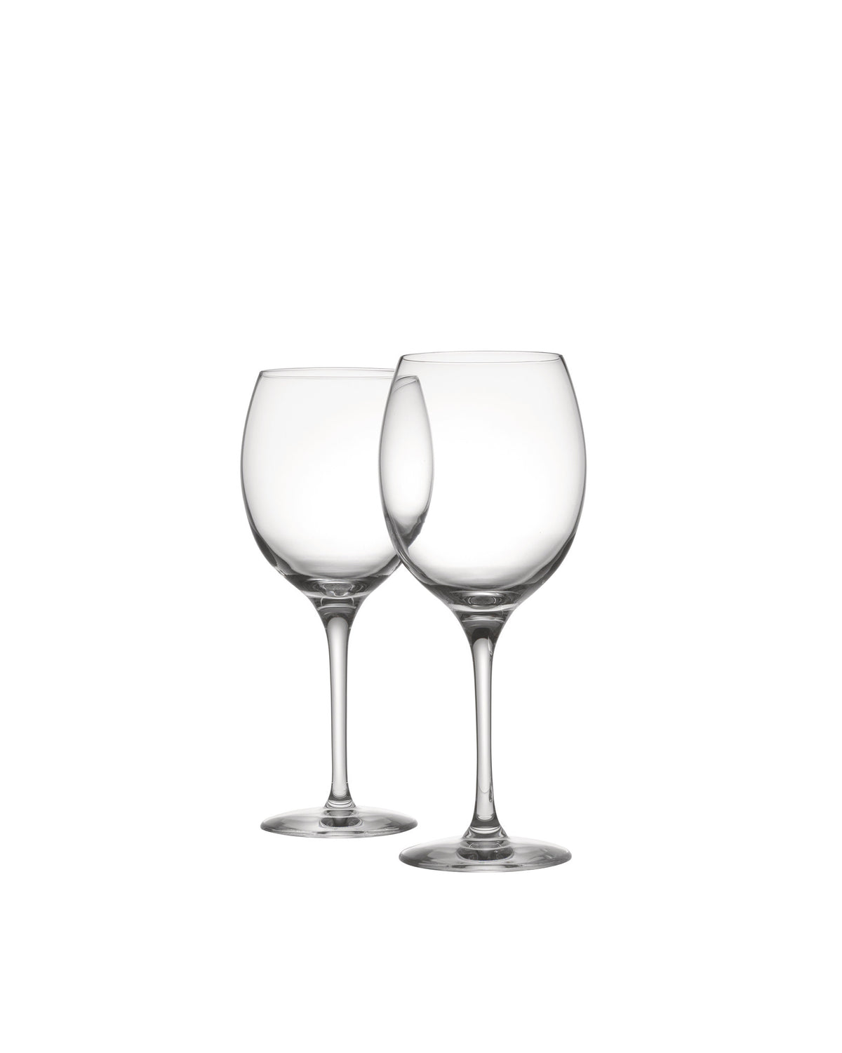 Two clear stemmed wine glasses by Alessi, with a classic design on a white background.