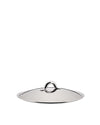 Stainless steel pot lid by Alessi, with a distinct polished, curved loop handle, viewed at an angle.