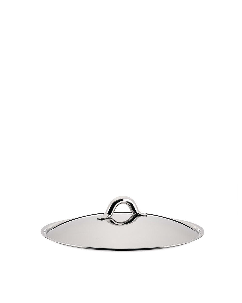 Stainless steel pot lid by Alessi, with a distinct polished, curved loop handle, viewed at an angle.