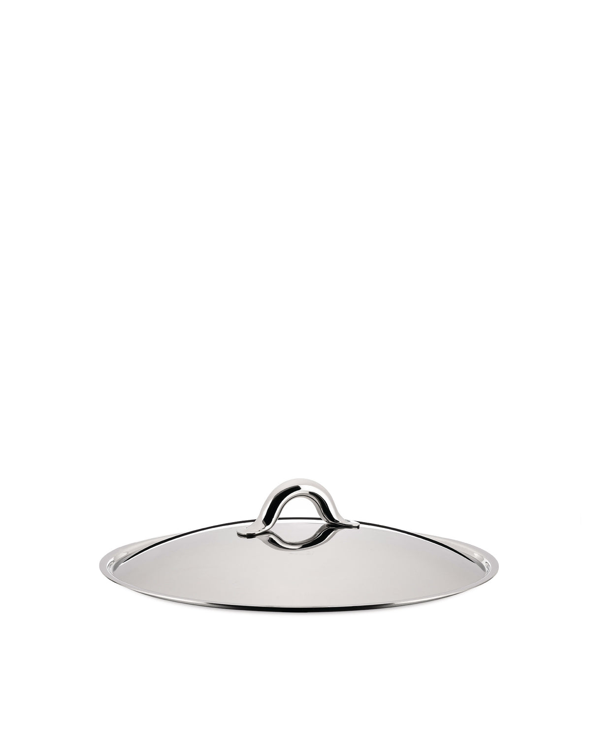 Stainless steel pot lid by Alessi, with a distinct polished, curved loop handle, viewed at an angle.