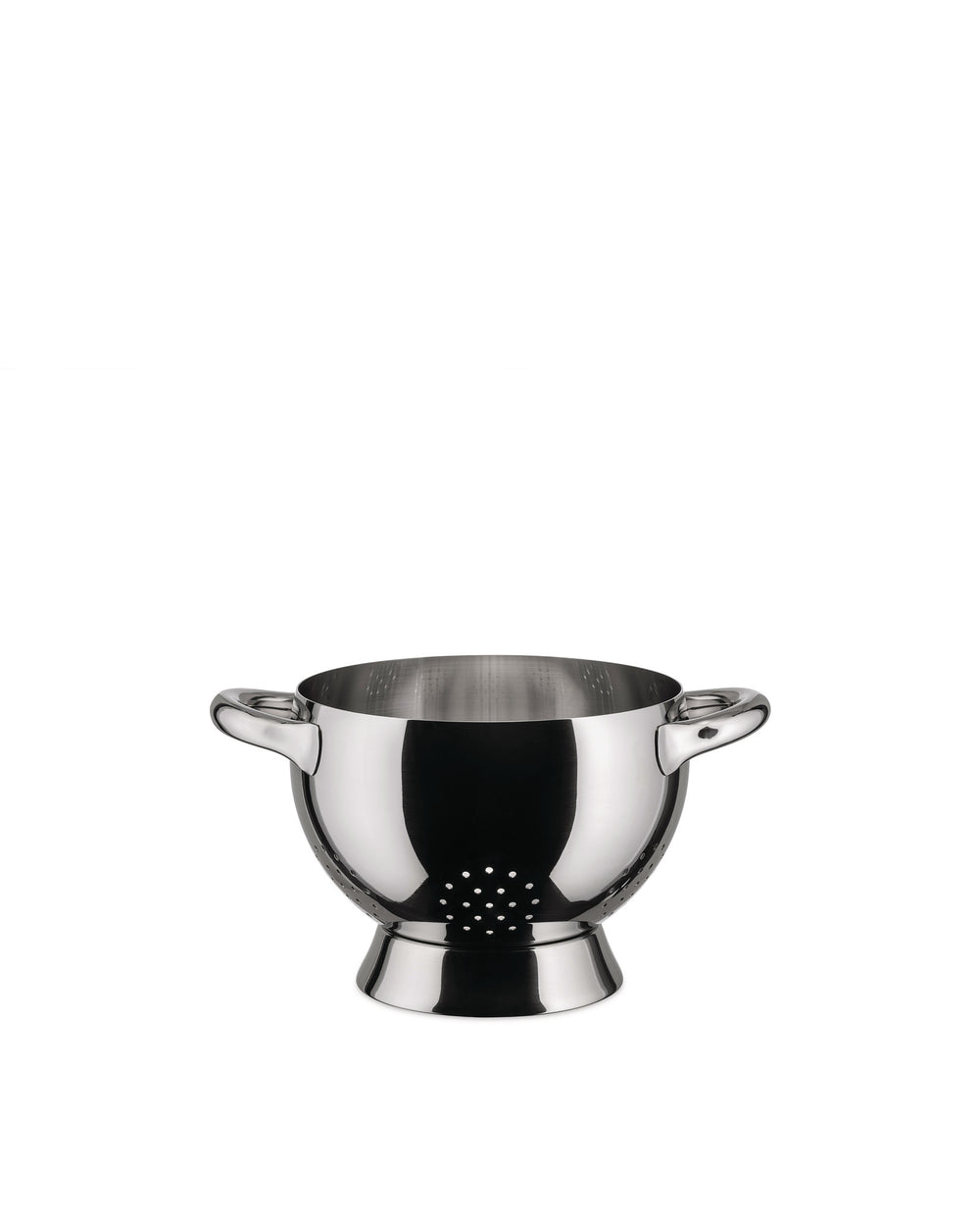 Silver metallic colander by Alessi with two curved handles, a pedestal base, and perforated drainage holes.