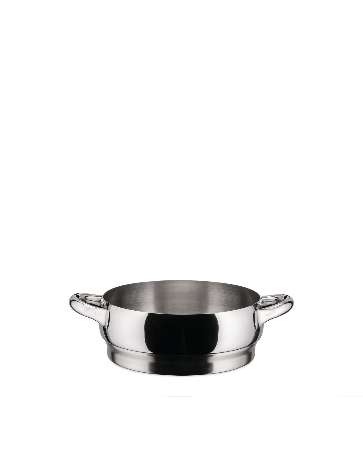 Silver polished stainless steel pot by Alessi, featuring two small loop handles and a wide, shallow design.